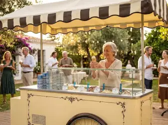 Carrito de helados vintage en fiesta privada o cumpleaños en jardín o finca en Málaga