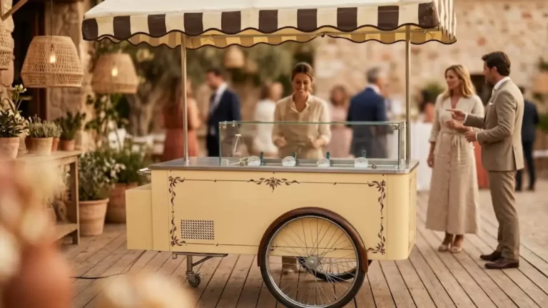 Carrito de helados artesanal en boda al aire libre en Málaga, servicio con personal incluido para el cóctel o recena